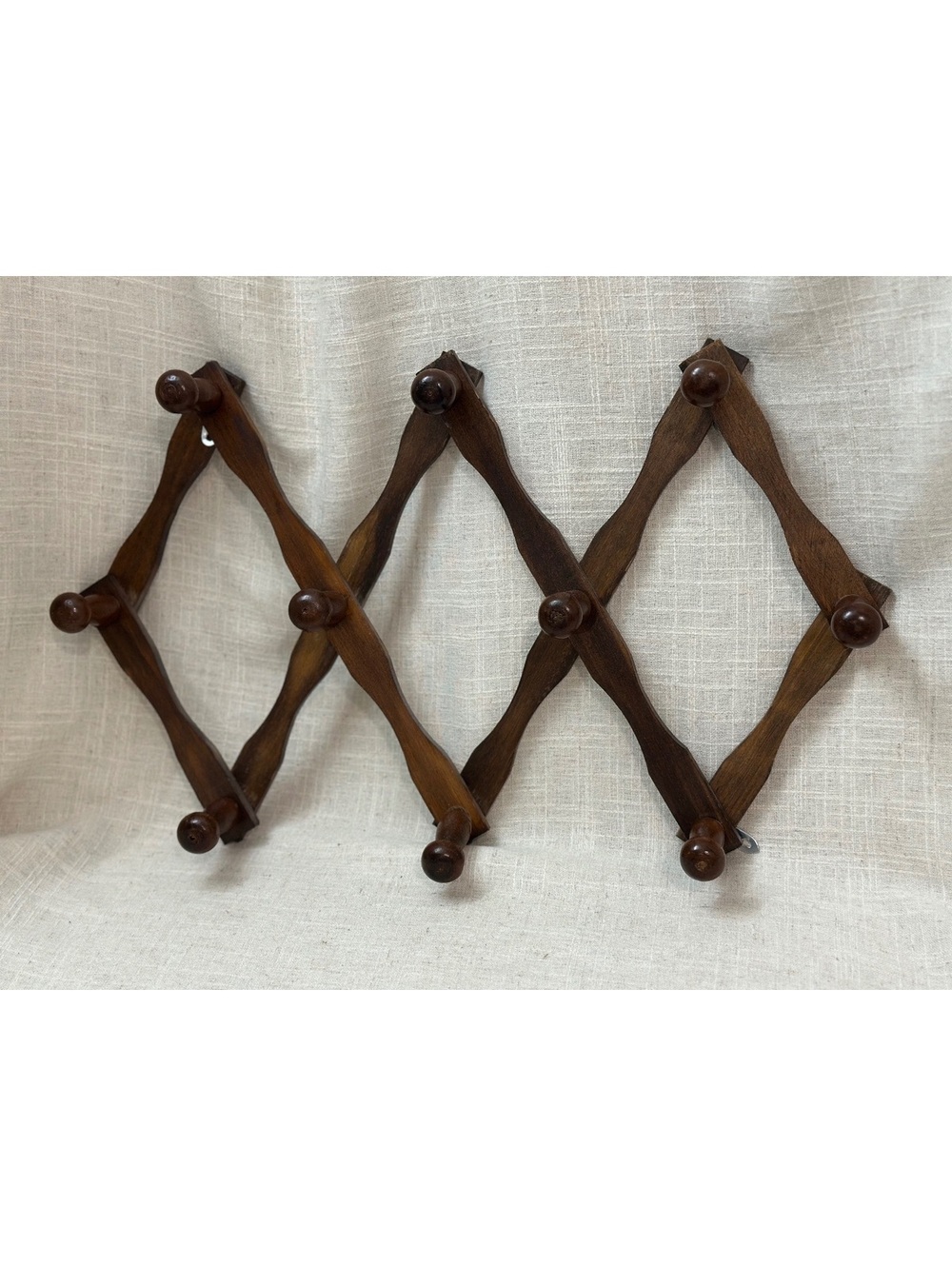 Vintage Dark Wooden Accordion Lattice 14” Adjustable 10-Peg Coat Hat Wall Rack